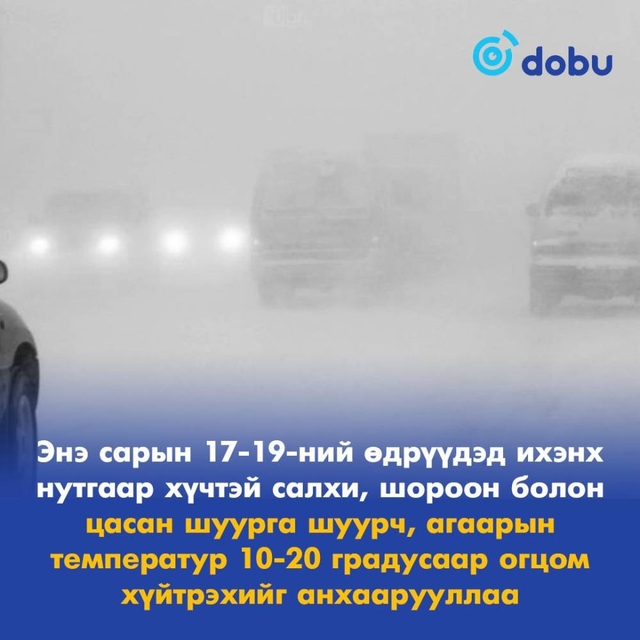Энэ сарын 17-19-ний өдрүүдэд ихэнх нутгаар хүчтэй салхи, цасан болон шороон шуурга шуурч, эрс хүйтэрнэ