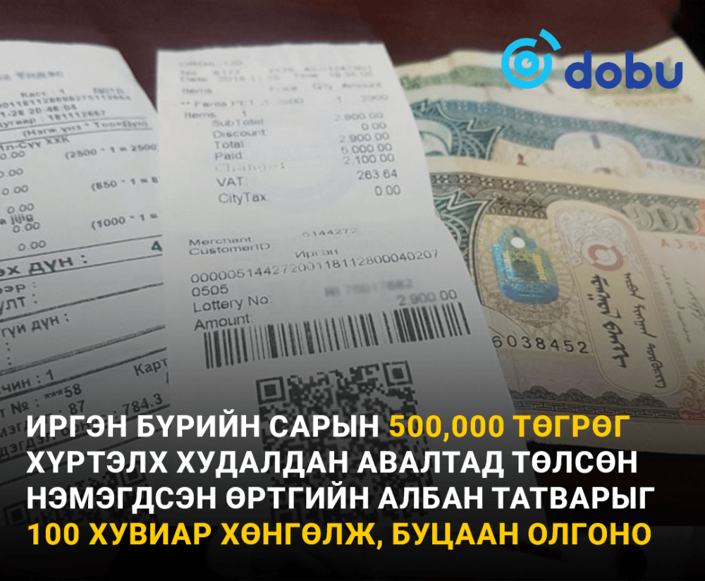 Иргэн бүрийн сарын 500,000 төгрөг хүртэлх худалдан авалтад төлсөн нэмэгдсэн өртгийн албан татварыг 100 хувиар хөнгөлж, буцаан олгоно