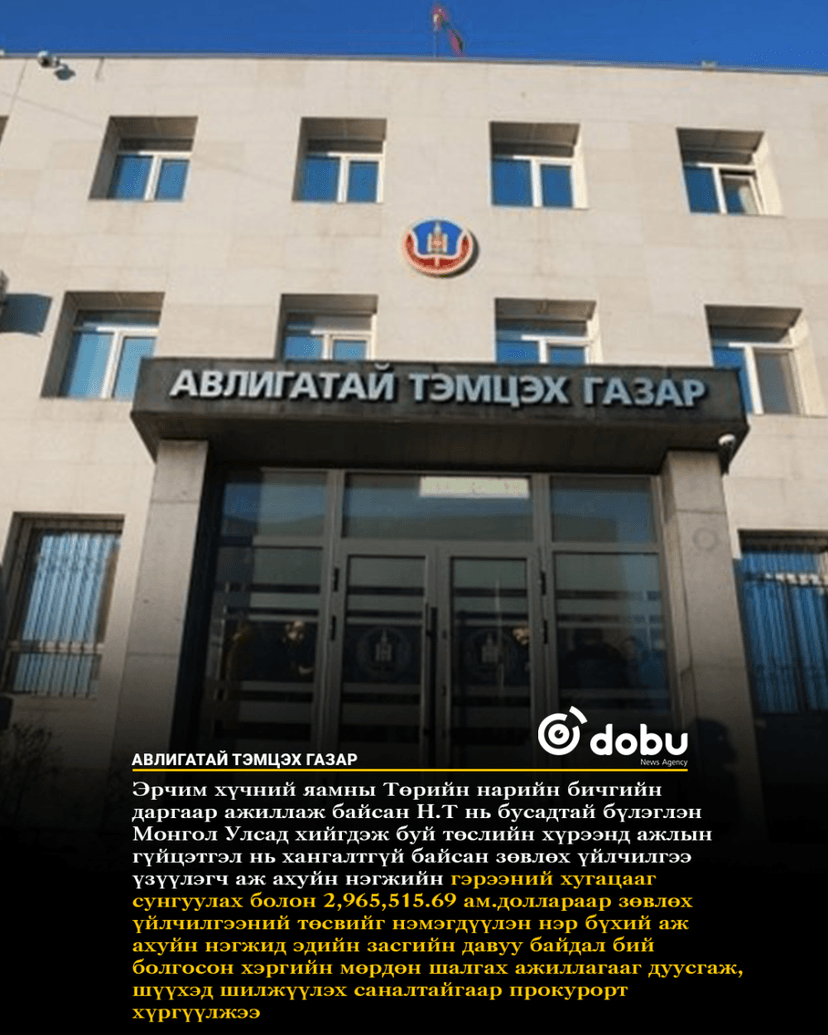 АТГ: Эрчим хүчний яамны Төрийн нарийн бичгийн даргаар ажиллаж байсан Н.Т нарт холбогдох хэргийг шүүхэд шилжүүлэх саналтай прокурорын байгууллагад хүргүүллээ