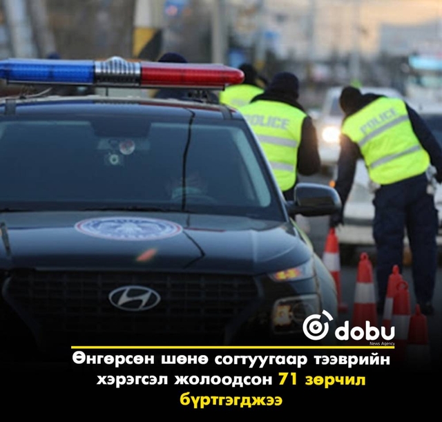 Өнгөрсөн шөнө согтуугаар тээврийн хэрэгсэл жолоодсон 71 зөрчил бүртгэгджээ