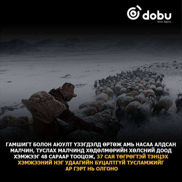 Гамшигт болон аюулт үзэгдэлд өртөж амь насаа алдсан малчин, туслах малчны ар гэрт 37 сая төгрөгтэй тэнцэх хэмжээний нэг удаагийн буцалтгүй тусламж олгоно