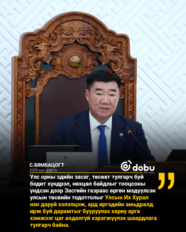 Монгол Улсын Их Хурлын ээлжит бус чуулганыг нээж Улсын Их Хурлын дарга С.Бямбацогтын хэлсэн үг