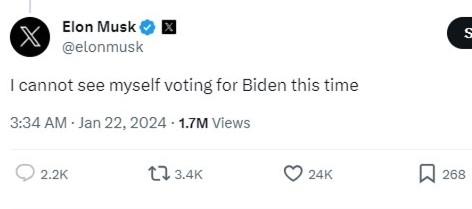 Элон Маск: Байденд санал өгнө гэж төсөөлж ч чадахгүй байна