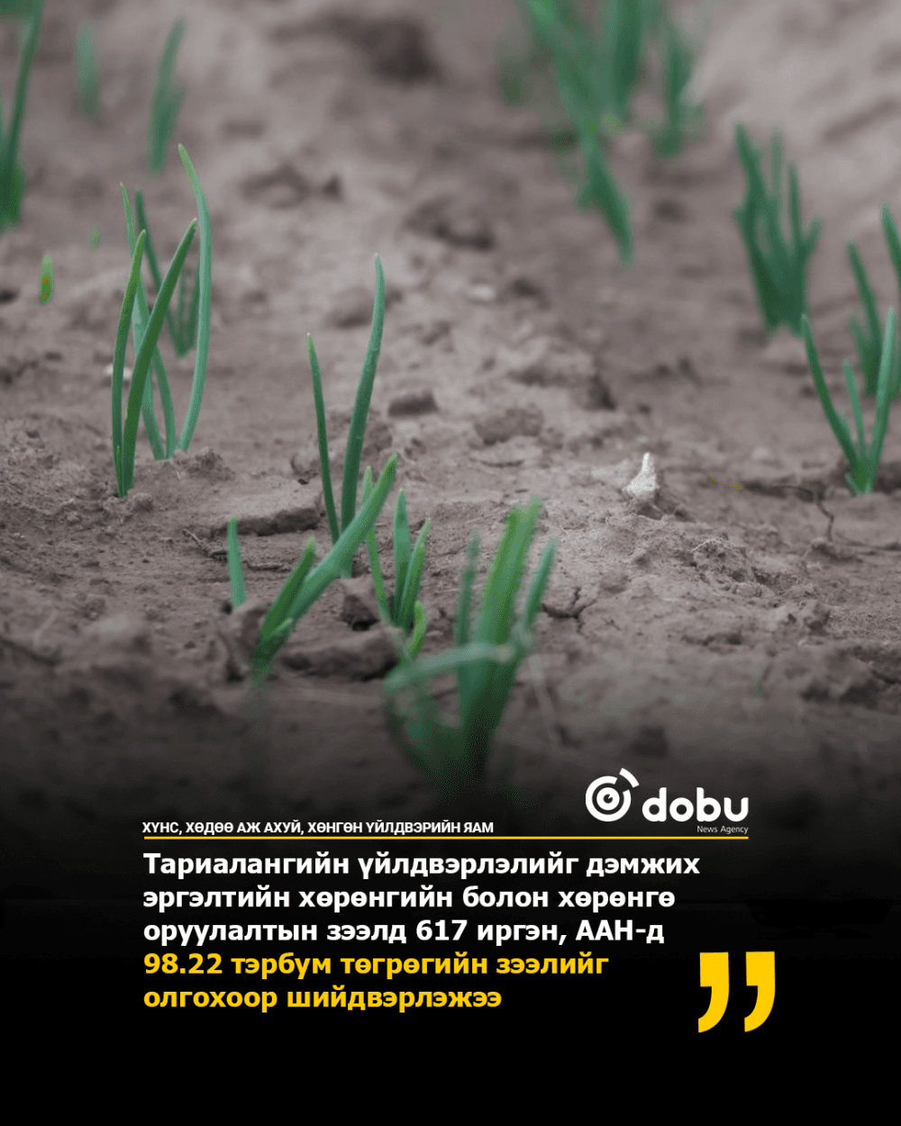 Тариалангийн үйлдвэрлэлийг дэмжих эргэлтийн хөрөнгийн болон хөрөнгө оруулалтын зээлд 617 иргэн, ААН-д 98.22 тэрбум төгрөгийн зээлийг олгохоор шийдвэрлэжээ